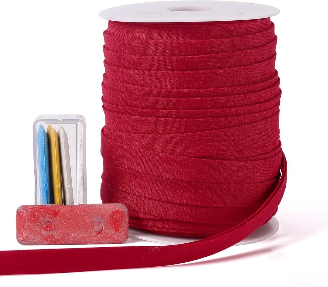 Bias Tape Double Fold 1/2 inch, Double Fold Bias Binding Tape 55 Yards (Wine Red) and 4 Pieces Sewing Fabric Chalks for Crafts, Sewing, Seaming, Hemming, Piping, Quilting.