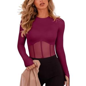 REORIA Women's Trendy Sexy Crew Neck Thumbholes Long Sleeve Sheer Mesh Going Out Bodysuit Tops S