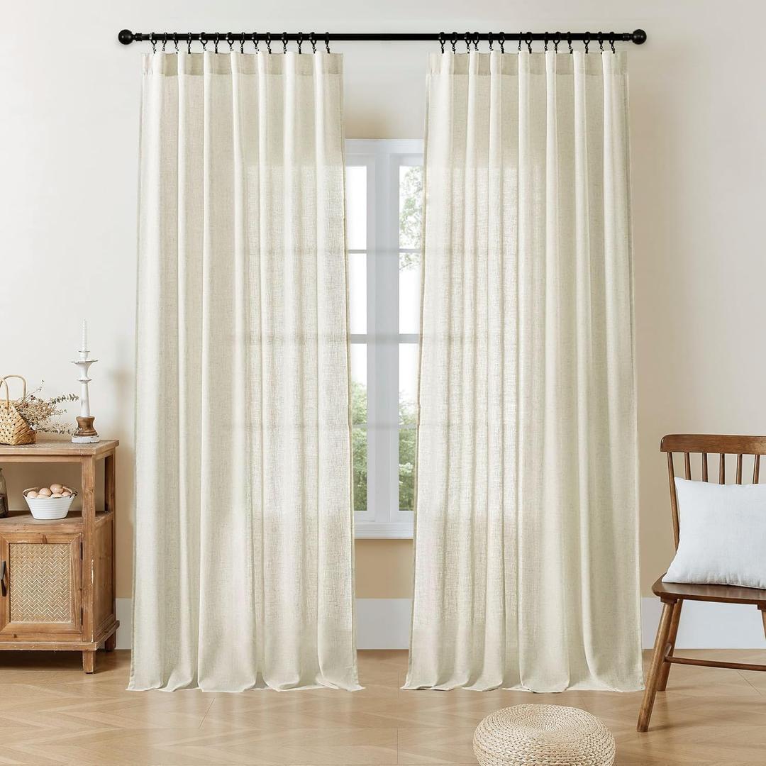 Joydeco Linen Curtains 84 Inch Length 2 Panel Sets for Bedroom, Beige Light Filtreing Curtains 52 Inches Wide Living Room Drapes with Back Tab & Rod Pockets (84" L x 52" W, Beige)