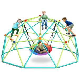 Hapfan 10 ft Climbing Dome Swing Set with Saucer Swing, Jungle Gym for Kids Outdoor Backyard, Supports 800lbs, Easy Asssembly, Rust-Resistant Outdoor Playset for Ages 3-8 8-12 (Lime Green and Blue)