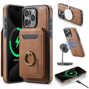 SZHAIYU 2 in 1 Detachable Magnetic Phone Cases Compatible with iPhone 15 Pro Max Case with Card Holder Ring, Compatible with Magsafe Wallet, Leather Men 6.7'' RFID Blocking (Brown,iPhone 15 Pro Max)