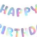 2 x hoyuwak Iridescent Happy Birthday Banners - 5x6 Inch Holographic Party Signs with Aurora, Rainbow, Flame Effects - 3M Adjustable Hanging Rope Kit - Perfect for Birthday Decorations, Photo Backdrops for Women & Men