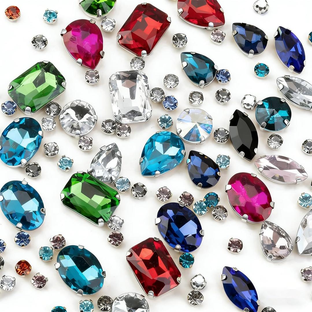 Sew On Rhinestones, Choupee 130PCS Sew On Glass Rhinestone Metal Back Prong Setting Sewing Claw Rhinestone Mixed Shapes for Costume, Clothes, Garments, Dress, Earring, Belt and Shoes