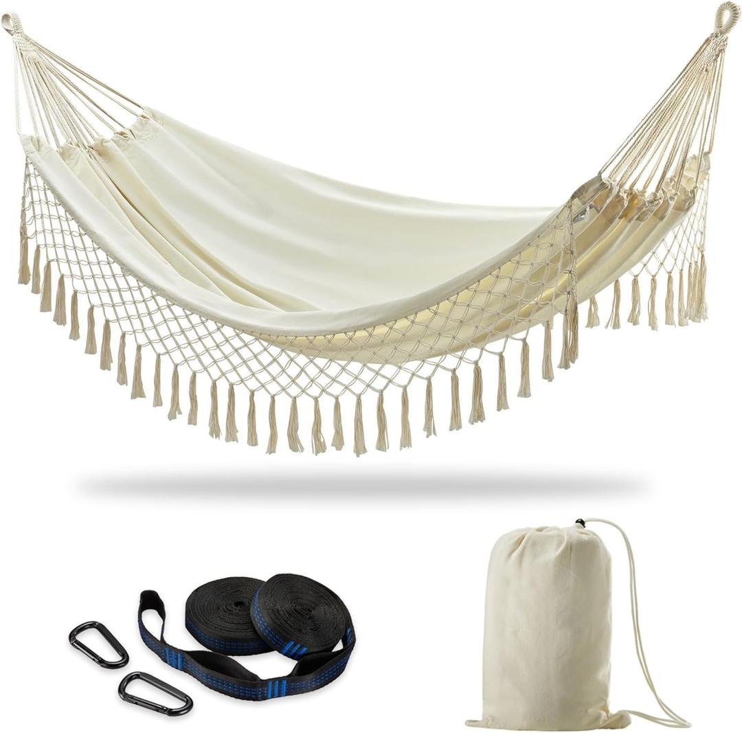 Brazilian Double Hammock with Tree Straps,Extra Large 94x63IN,2 Persons Hammock for Backyard Patio Outdoor Indoor,450lbs Weight Capacity,Soft Woven Cotton Fabric - Natrual White with Tassels
