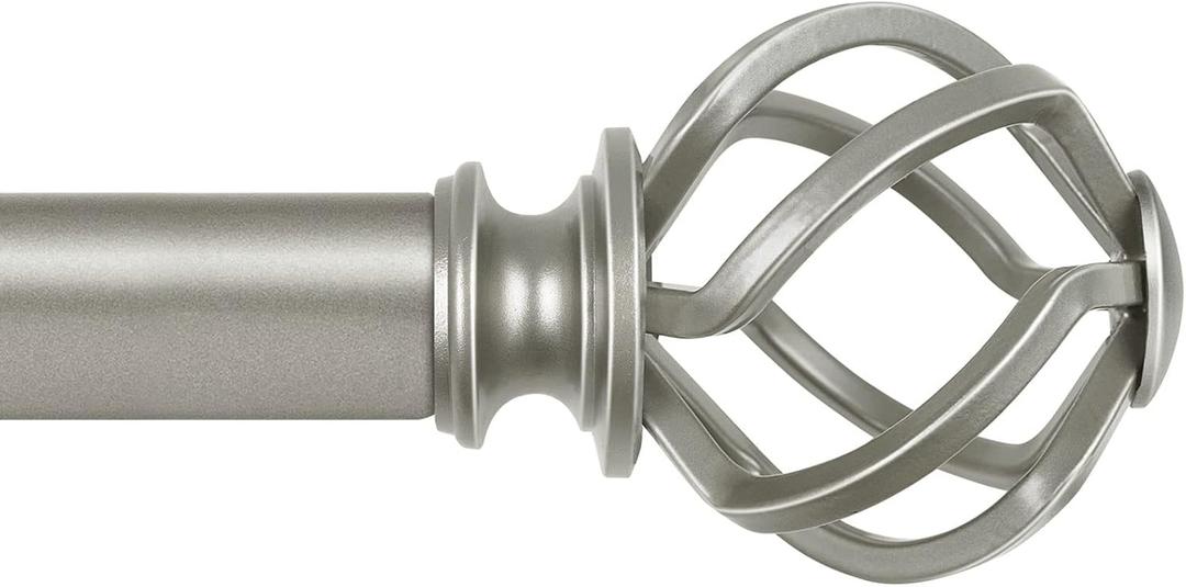 KAMANINA 1 Inch Curtain Rod Single Window Rod 36 to 72 Inches (3-6 Feet), Antique Silver Curtain Rods for Windows, Twisted Cage Finials