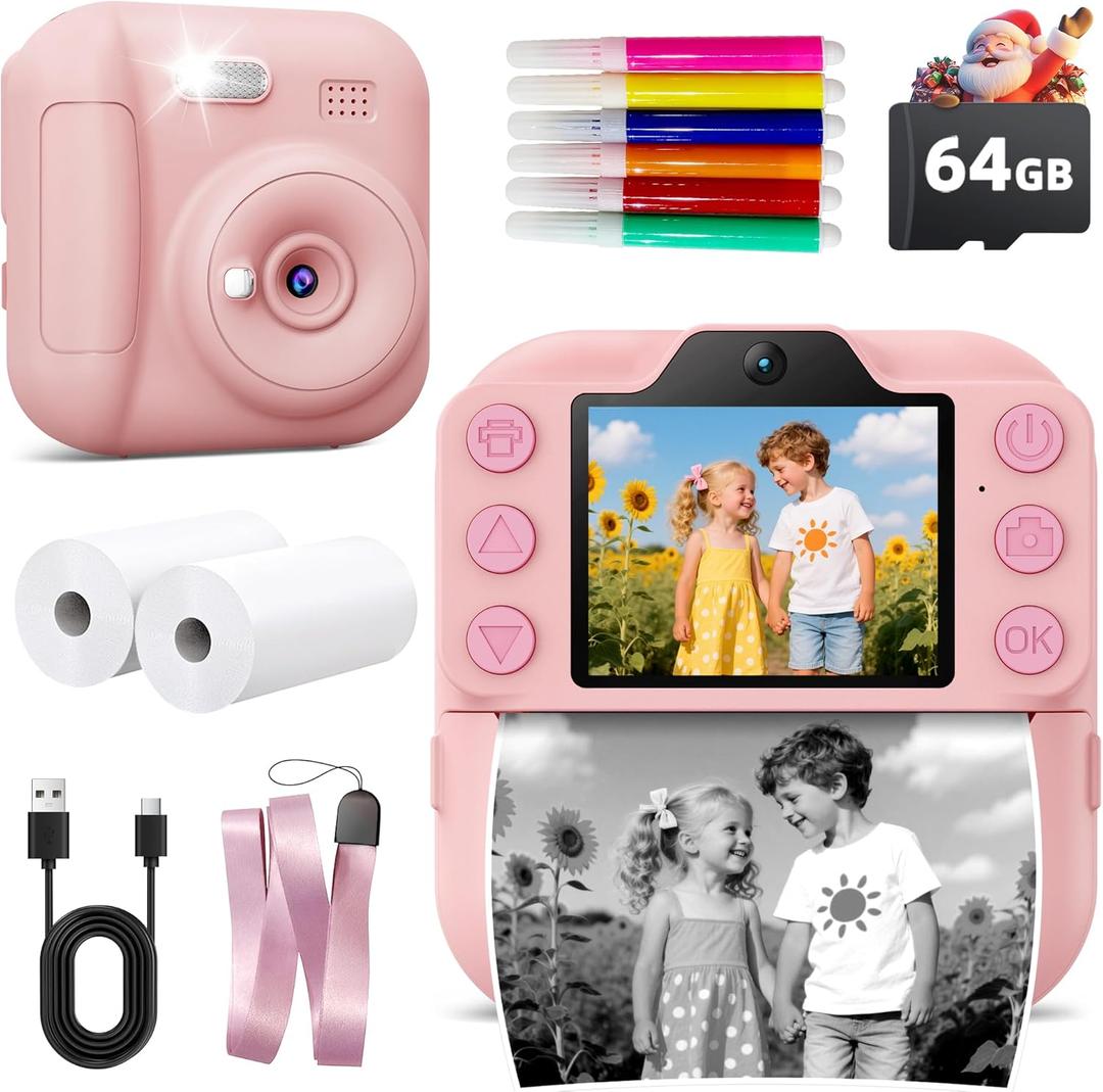 Kids Camera Instant Print, Toddler Toys Christmas Birthday Gifts for Girls Boys, Portable Digital Camera 64GB SD Card, Kid Toy for Ages 3-12 Girl Xmas Gift for 3 4 5 6 7 8 9 10 Year Old (Pink)