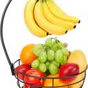 Livabber Countertop Fruit Basket Bowl with Banana Hanger, Modern Standing Fruit Vegetable Bowl Storage, with Banana Tree Holder for Kitchen Dinning Table (Round Wood, Black)