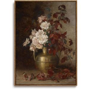 KISSFOX Framed Wall Art Vintage Wall Decor Flower Pictures Dark Botanical Canvas Art Rose Floral Paintings Moody Still Life Artwork For Bedroom Living Room Kitchen, 36"L x 24"W