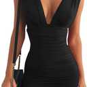 GOBLES Women's Sexy Bodycon Sleeveless Ruched Party Mini Cocktail Dress (Large, Black)