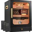 Cigar Humidor, Light Control System with Spanish Cedar Wood Drawer, Hygrometer, 3 Humidifiers and Cigar Accessories Drawer, for Men, Holds 100 Cigars (Black)