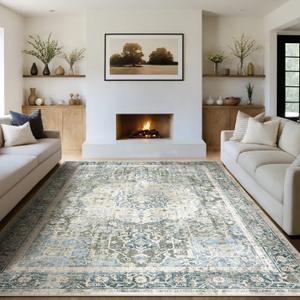 Kokia 9x12 Area Rugs for Living Room, Machine Washable Non Slip Vintage Boho Rugs, Low Pile Distressed Medallion Print Rug for Bedroom, Dining Room Blue 9 x 12 (Sage/Arctic/Ocean/Old Lace)