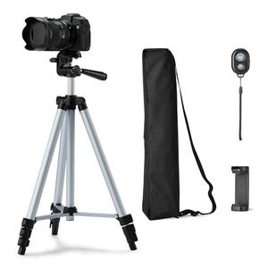 Amazon Basics 50" Lightweight Tripod for Camera and Phone with Travel Bag, Remote Control and Phone Holder, Height Adjustable, Aluminum, Silver