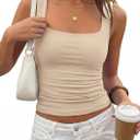 PRETTYGARDEN Tank Tops for Women 2026 Summer Sleeveless Square Neck Double Lined Tops Spring Ruched Going Out Y2K Clothes (Beige, L)