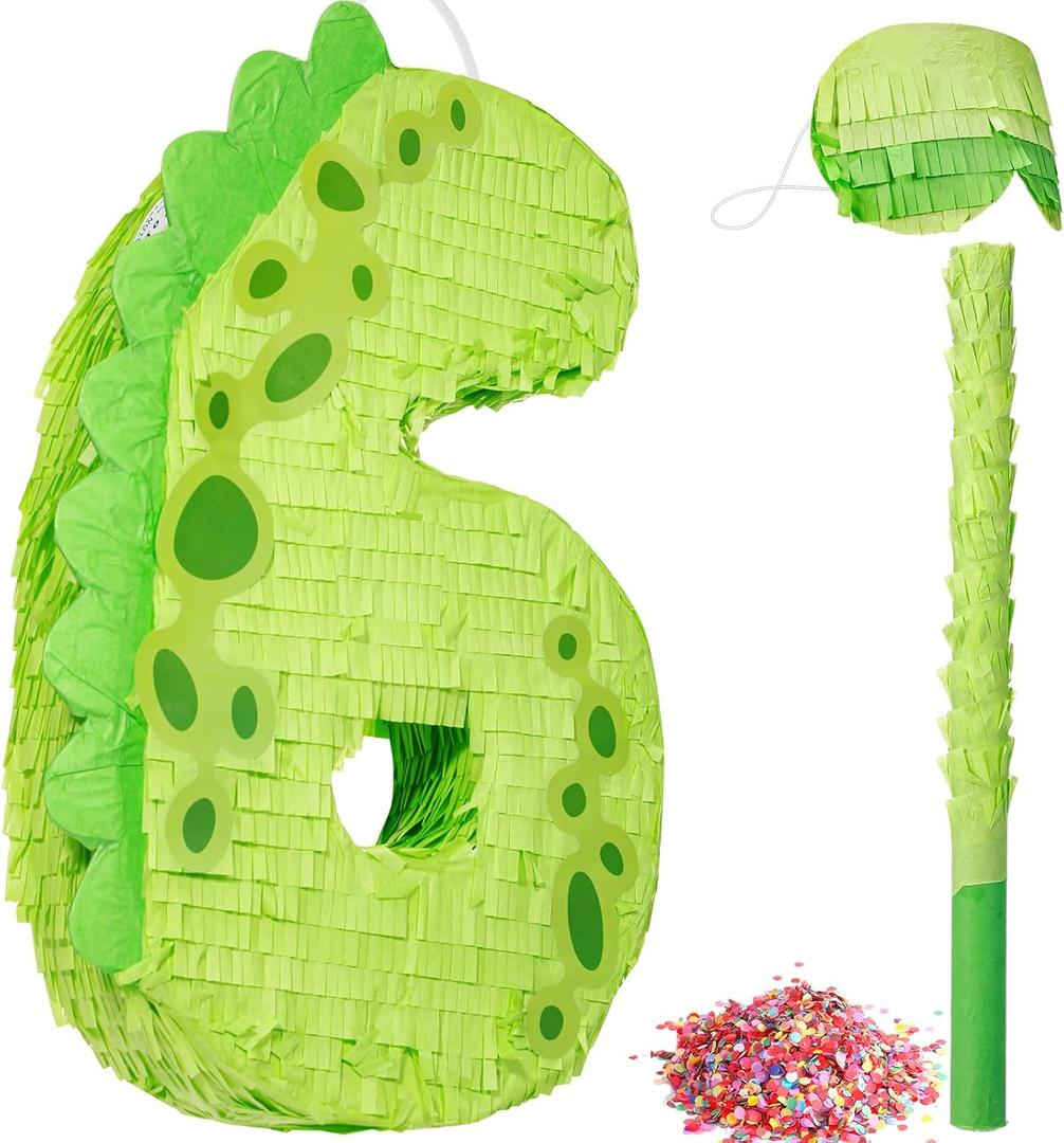 Poen 16 Inch Dinosaur Piata Number 1 2 3 4 5 6 7 8 9 for Kids Birthday Party Cute Dino Piata with Blindfold Stick and Confetti for Boys Girls Dinosaur Birthday Animal Theme Baby Shower Decor(6)