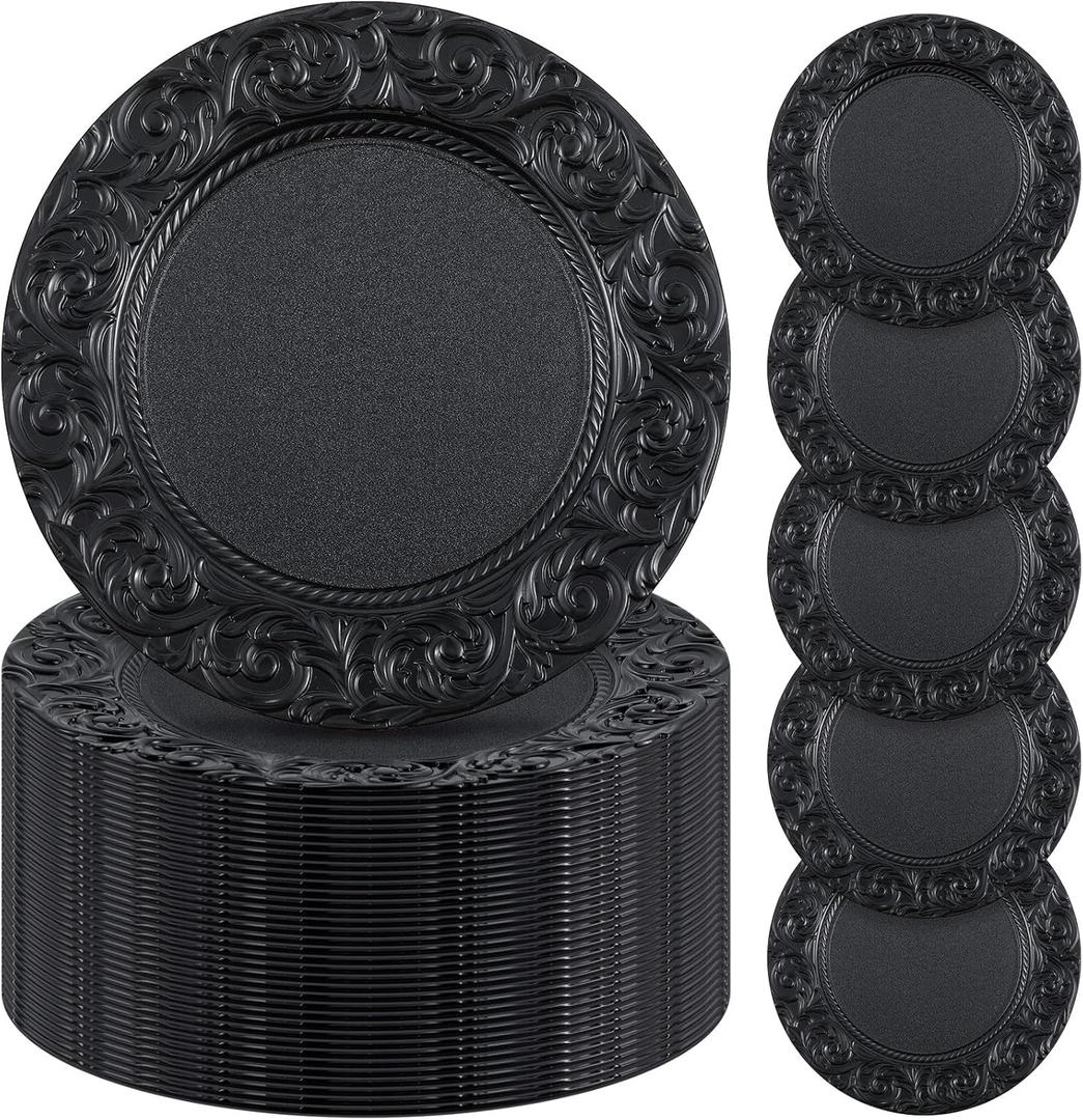 Zhehao 50 Pcs Antique Charger Plates Bulk 13 Inch Embossed Rim Plastic Decorative Round for Dinner Wedding Party Event Table Setting Decoration(Black)
