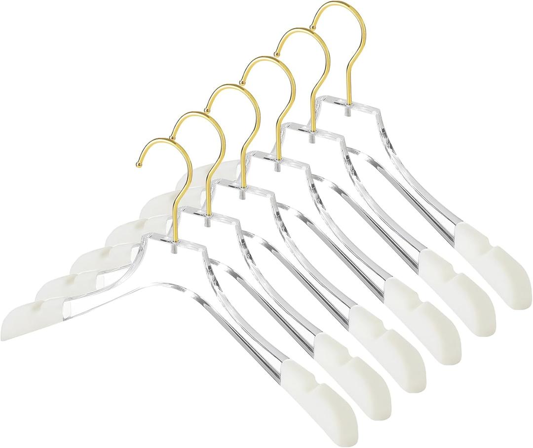 Besser Luxury Acrylic Hangers 15in, 6 Pack Gold Acrylic Hangers with Wide Shoulders for Coat Suit, Premium Crystal Non-Slip Hangers with Gold Hook, Acrylic Suit Hangers