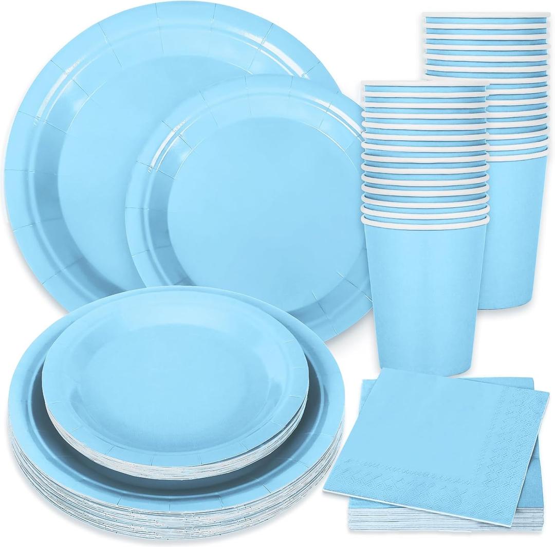 Whaline 100Pcs Light Blue Tableware Set Blue Graudation Party Supplies Summer Disposable Dinnerware Set 50Pcs Paper Plates 25Pcs Napkin 25Pcs Cups for Wedding Birthday Bride Shower Party Table Decor