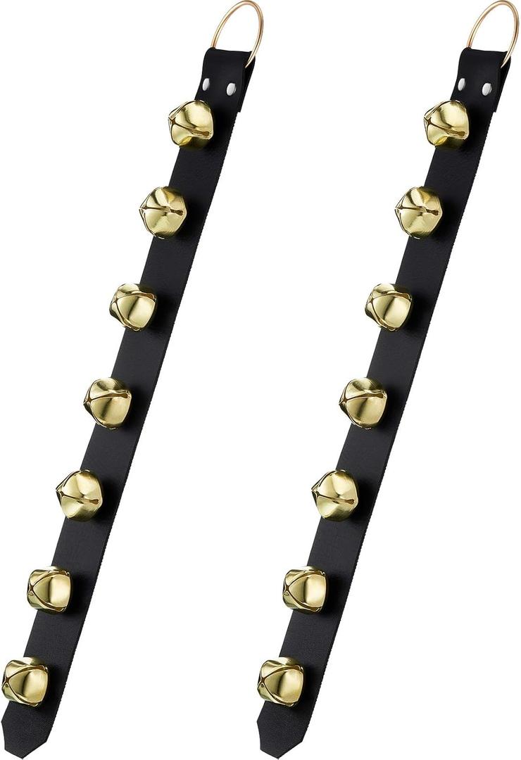 Frienda Hanging Jingle Sleigh Bells 7-Bell Dog Doorbells for Door Knob Faux Leather Belts Go Outside Dog Bells Christmas Decor and Holiday Decorations, 18.7 x 1.8 x 1 Inches(Black with Gold)