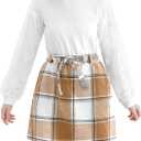 2-Piece Girls Skirt Set Winter Plaid Skirt Set Casual Fall Long Sleeve Rib Knit Shirt Tops Dress Outfit with Pockets (7-8 Years, White+brown and White)