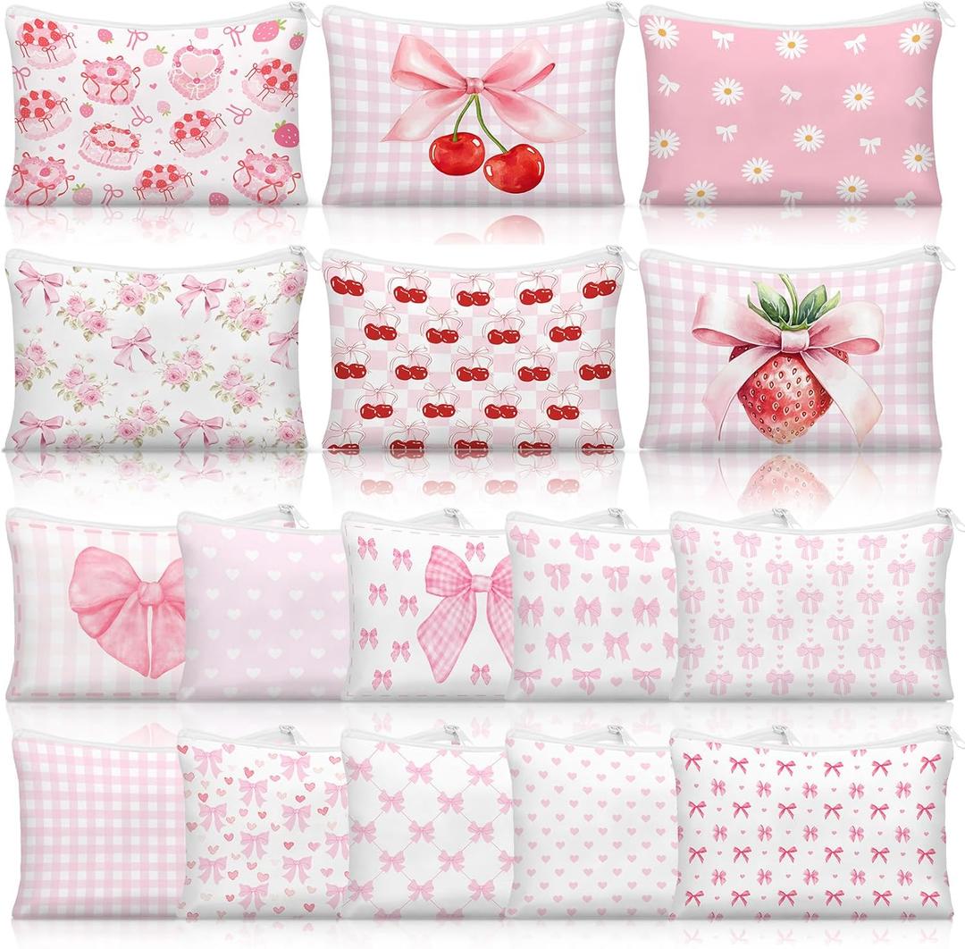 Kacctyen 16 Pack Coquette Makeup Bag Pink Bow Cherry Cosmetic Bag for Women Girly Wedding Aesthetic Pouch Lovely Heart Strawberry Preppy Pouch Zipper Gift for Coquette Birthday Party Favor Supplies