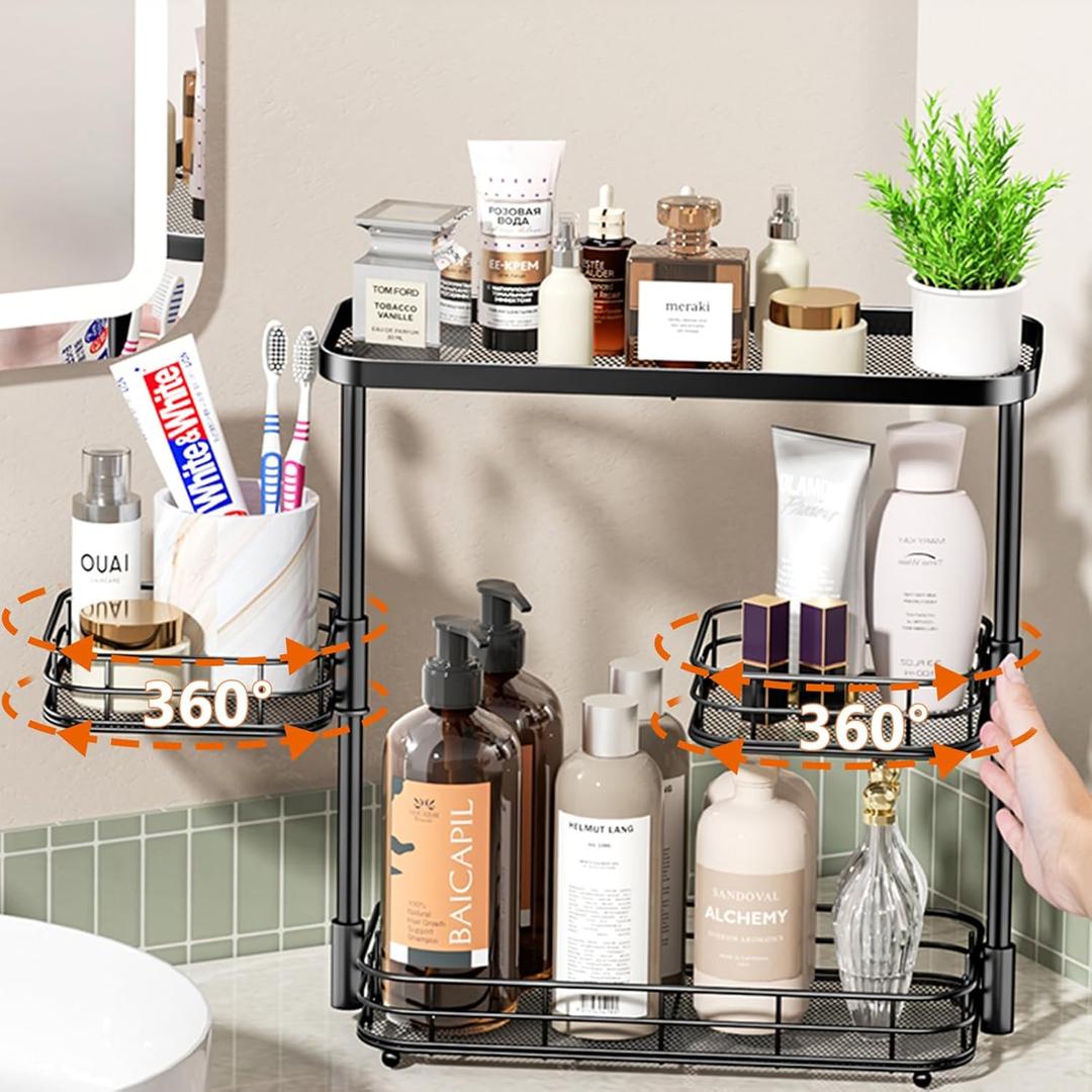 VITVITI 3 Tier Countertop Organizer, Metal Wire Vanity Organizer Storage, Mesh Sink Shelf Rack with 360 Rotating Basket, Black