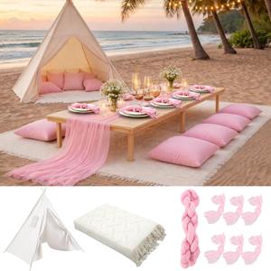 71x87'' Huge Teepee Tent with 91x71'' Extra Large Outdoor Boho Picnic Blanket Table Runner 6 Napkins Woven Cotton Yarn Oversized Beach Blanket Camp Wedding(Pink, White)