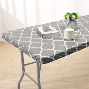 Zhuqing Picnic Table Cover 4ft Rectangle, Vinyl Fitted Tablecloth with Elastic, Waterproof with Flannel Backing, for Camping Outdoor, 24"x48", Gray Moroccan