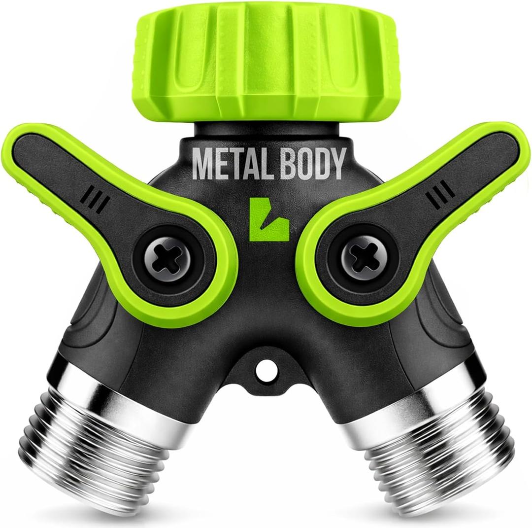 LIME 2 Way Hose Splitter Heavy Duty - Metal Y Garden Hose Splitter with Shutoff Valves, Brass Outdoor Faucet Adapter for Spigot, 3/4 Inch GHT Water Hose Connector