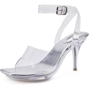 NBUUNBU Clear Heels for Women Sexy Transparent Strappy Ankle Straps Shoes Platform High Kitten Heel Slingback Square Toe Stiletto Comfortable Sandals Mules Pumps (10, Silver)