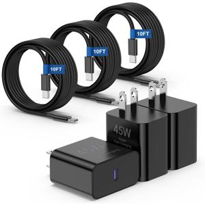 3Pack 45W Super Fast Charger Type C 10FT, USB C Android Phone Charger Fast Charging Block with Ertra Long Type-C Charger Cord for Samsung Galaxy S25/S25 Ultra/S25+/S24 Ultra/S24/S24+/S23/S22/S21/S20