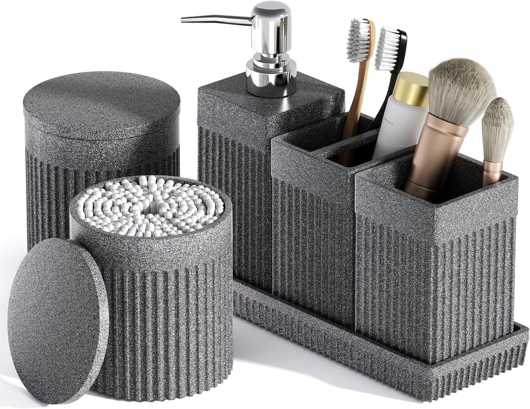 6-Piece Bathroom Set Grey - Stone Textured Resin Bathroom Organizer with Soap Dispenser, Toothbrush Holder, Vanity Tray, Tumbler & Cotton Swab Jars for Small Spaces