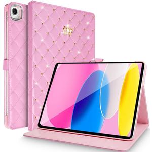 Changjia for iPad 10.2 Case 9th/8th/7th Generation (2021/2020/2019), Crown Bling Diamond Cute Elegant PU Leather Smart Auto Sleep/Wake Stand Shockproof Protective Case for Apple iPad 10.2 inch (Pink)