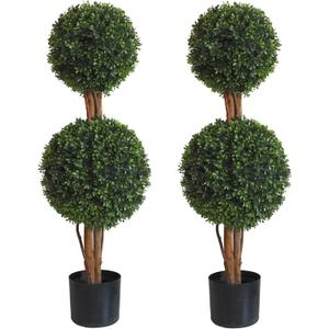 Lifelike Indoor&Outdoor use 3Ft Boxwood Double Ball Topiary Trees Faux Topiary Tree for Porch,Home,Garden Decor(Set of 2)