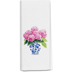 Chinoiserie Pink Hydrangea Kitchen Towels, Grand Millennial Hydrangea Dish Tea Towels for Kitchen Decor, Blue and White Chinoiserie Porcelain Floral Decorative Hand Towel for Bathroom, 16x24 Inch