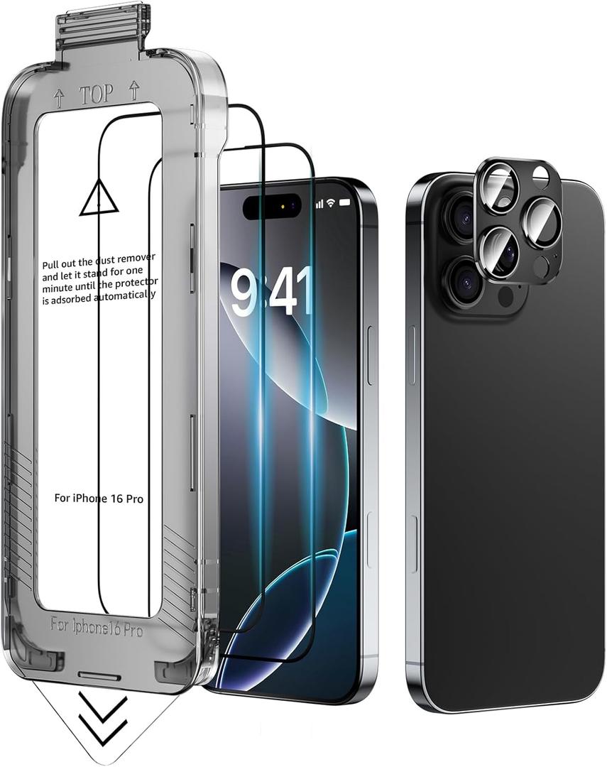 2 Pack for iPhone 16 Pro Screen Protector 9H Hardness Zero Bubble Auto-Dust Removal Installation, Dedicated to iPhone 16 Pro/16Pro Max Camera Lens Protector Metal[1 Pack] Full Coverage Protection