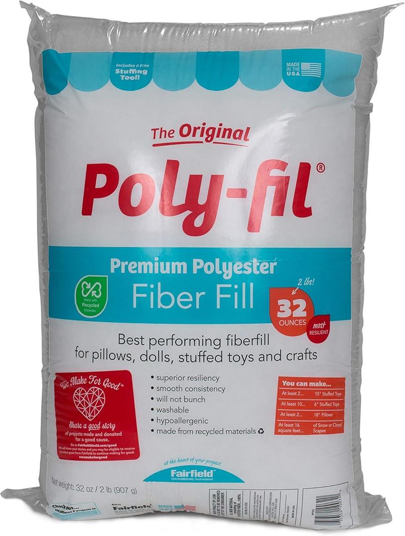 Fairfield The Original Poly-Fil, Premium Polyester Fiber Fill, Soft Pillow Stuffing, Stuffing for Stuffed Animals, Toys, Cloud Decorations, and More, Machine-Washable Poly-Fil Fiber Fill, 32-ounce Bag (White)