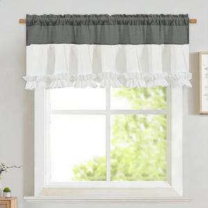 Likiyol Linen Valances for Windows Farmhouse Window Valances with Ruffle Rustic Country Light Filtering Kitchen Valance Curtains Rod Pocket Valance for Bathroom Cafe, Grey White, 52" W X 18" L