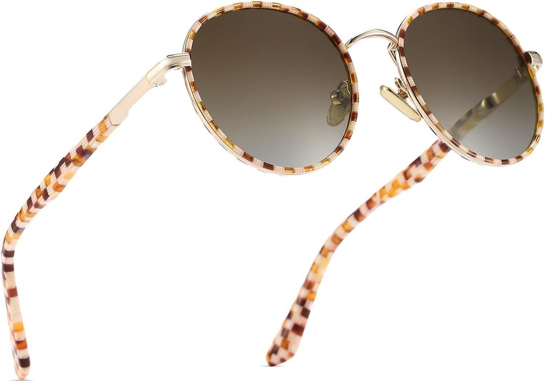 Retro Round Polarized Sunglasses for Women, UV400 Protection Vintage Shades, Lightweight Acetate Metal Frame