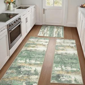GENIMO Kitchen Rugs Sets of 3 Non Slip Washable Kitchen Mats for Floor, Waterproof Abstract Kitchen Runner Rug, Floor Mat Carpet for Hallway, Laundry, Sink, Entryway, Bathroom, Green (20"x32"+20"x48"+20"x59")