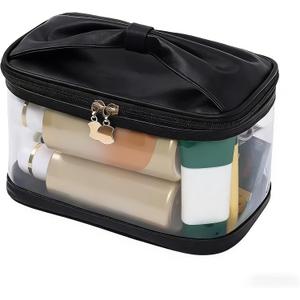 Large Clear Makeup Bag with Handle, Waterproof Transparent Cosmetic Organizer - Big Toiletry Pouch for Travel & Daily Use - Ideal for Women, Girls to Store Skincare, Beauty EssentialsBlack