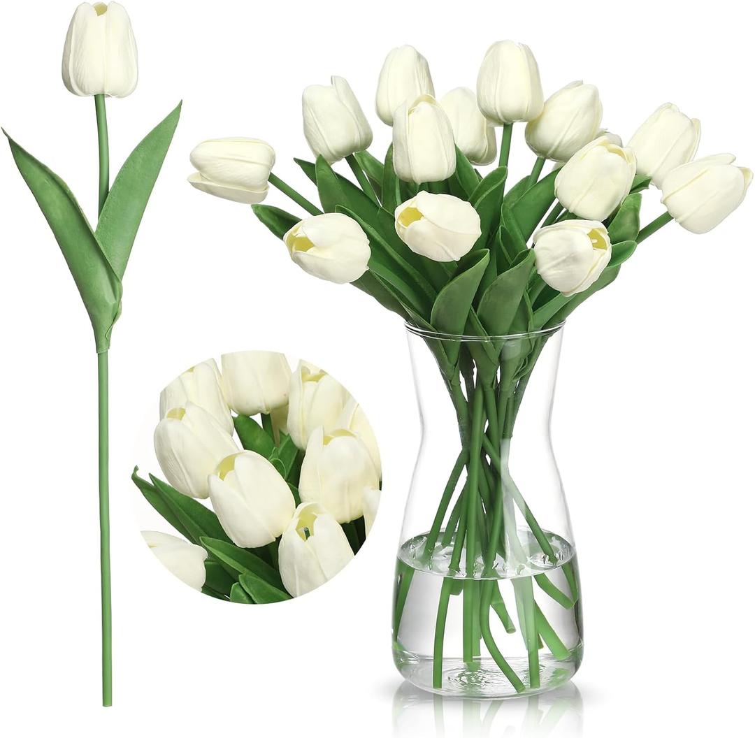 20 Pcs Artificial Tulip Silk Fake Flowers with Vase 14 Inch Faux Tulip Flowers Arrangement for Table Centerpieces Spring Home Decor Flower Lover(Cream White)