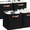 StorageWorks 13x13 Inches Storage Cube, Fabric Storage Bins with PU Handles, Collapsible Organizer Baskets for Closet, Black, 4-Pack