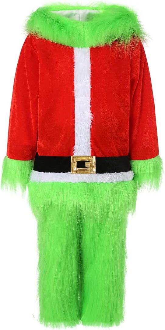 Kids Boys Santa Christmas Costumes Long Sleeve Hooded Top and Pants Sets Green Furry Monster Outfits (2-3 Years, Red)