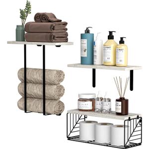 Floating Shelves Over Toilet Wall Mounted Set of 3, Bathroom Shelves with Towel Rack and Toilet Paper Storage,Wood Farmhouse Wall Shelves, White Floating Shelves Over Toilet Wall Mounted Set of 3, Bathroom Shelves with Towel Rack and Toilet Paper Storage,Wood Farmhouse Wall Shelves, White