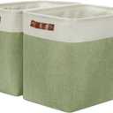 DULLEMELO Extra Large Storage Baskets, 17"x12"x15" Fabric Storage Bins for Organizing Shelves Nursery Toys Books, Collapsible Storage Baskets Rectangular Canvas Bins with Handles, White&Green, 2-Pack
