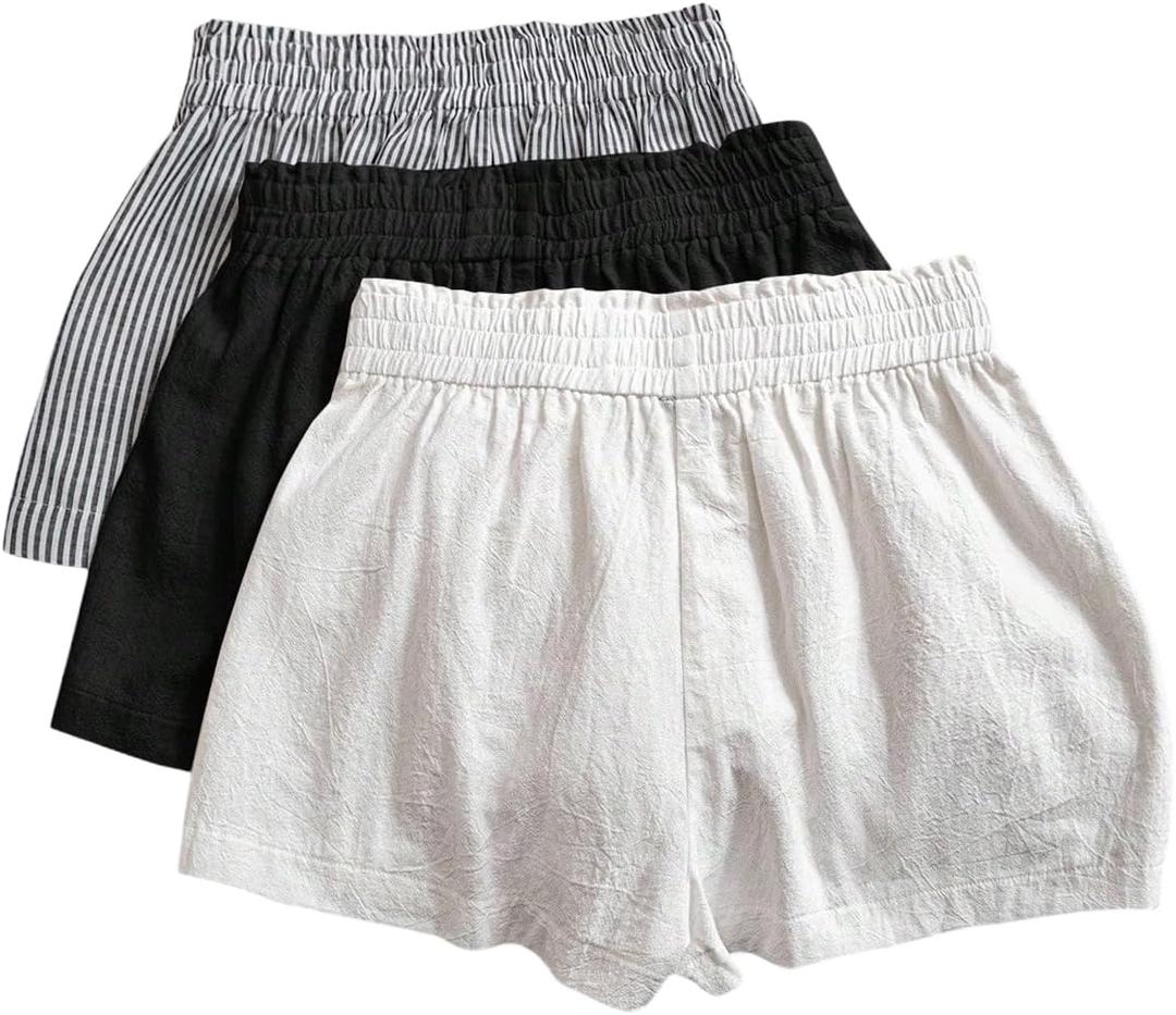 WDIRARA Women's 3 Pack Linen Shorts Elastic Waist Comfy Soft Lounge Shorts XL