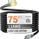 12AWG 75 FT Heavy Duty Outdoor Extension Cord Waterproof with Lighted End,Black 12 Gauge Extension Cord Flexible and Cold Resistant 3 Prong Grounded Plug,15Amp 1875W SJTW ETL Listed