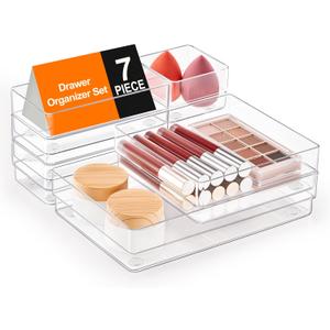 SMARTAKE 7-Piece Drawer Organizer with Non-Slip Silicone Pads, 4-Size Desk Drawer Organizer Trays Storage Tray for Makeup, Jewelries, Utensils in Bedroom Dresser, Office and Kitchen (Clear)