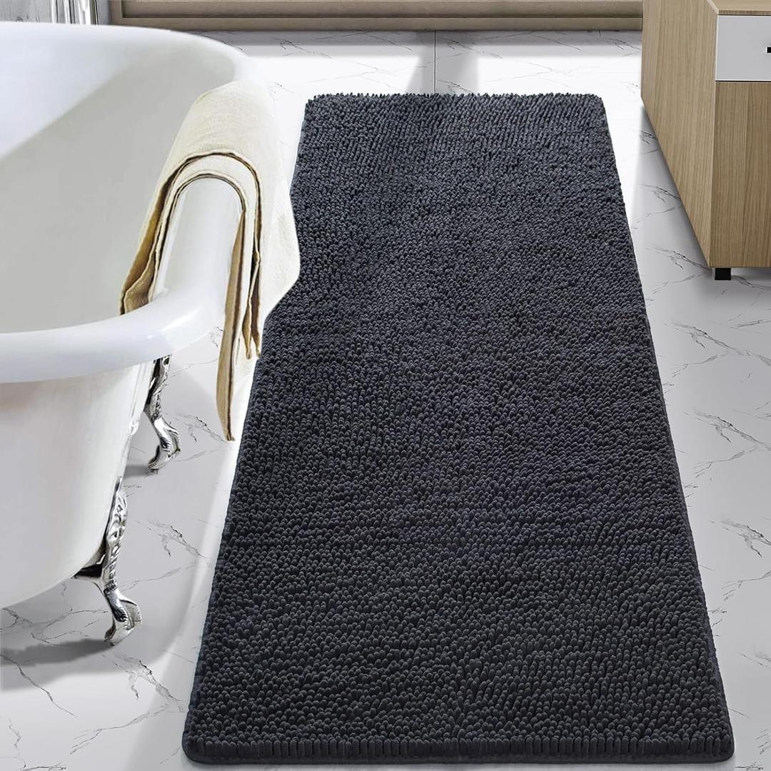 LOCHAS Luxury Bathroom Rug Shaggy Bath Mat 24 x 60 Inch, Washable Non Slip Bath Rugs for Bathroom Shower, Soft Plush Chenille Absorbent Carpets Mats, Dark Grey
