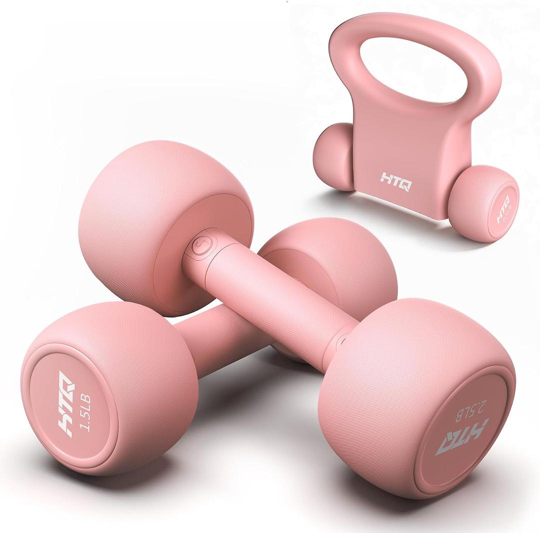 HTQ Adjustable Dumbbell Set for Women, 2-17LBS Total Plate Weight Home Workout Equipment with Kettlebell, Wrist Weights, Resistance Tube, Jump Rope, Pink/Green Free Weights Set for Women at Home
